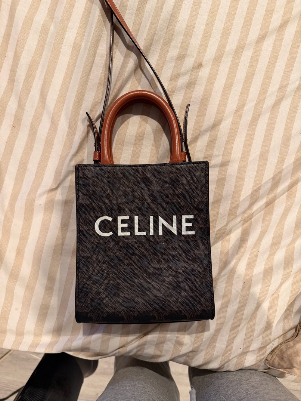 Celine Brown Triomphe Canvas Mini Vertical Cabas with Tan Handles